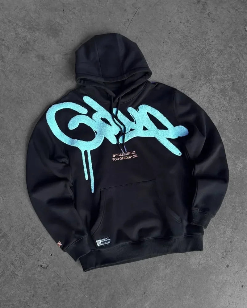 Y2K Style Hoodie with Pearl Details, Gothic Letter Print Zip-Up Hooded Sweatshirt