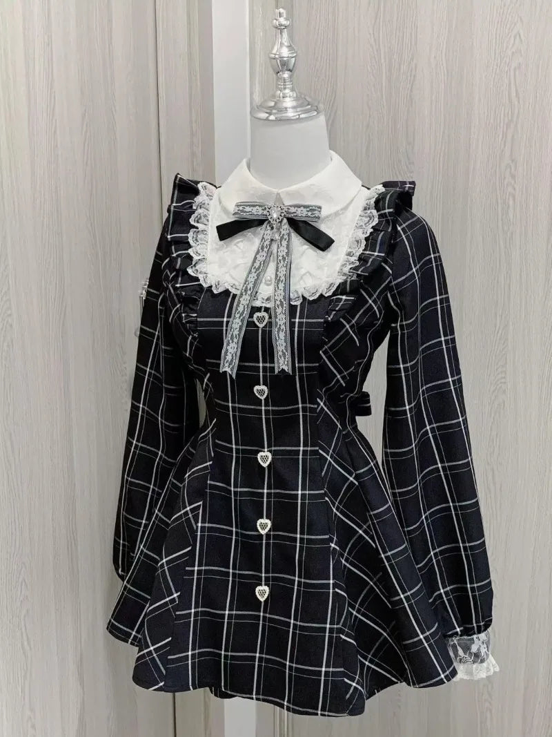 Women Y2k Aesthetic Lolita Style Bow Dress Shorts Set Japanese Gothic Lace Flare Sleeve Button Shirt Dress Punk Party Mini Dress