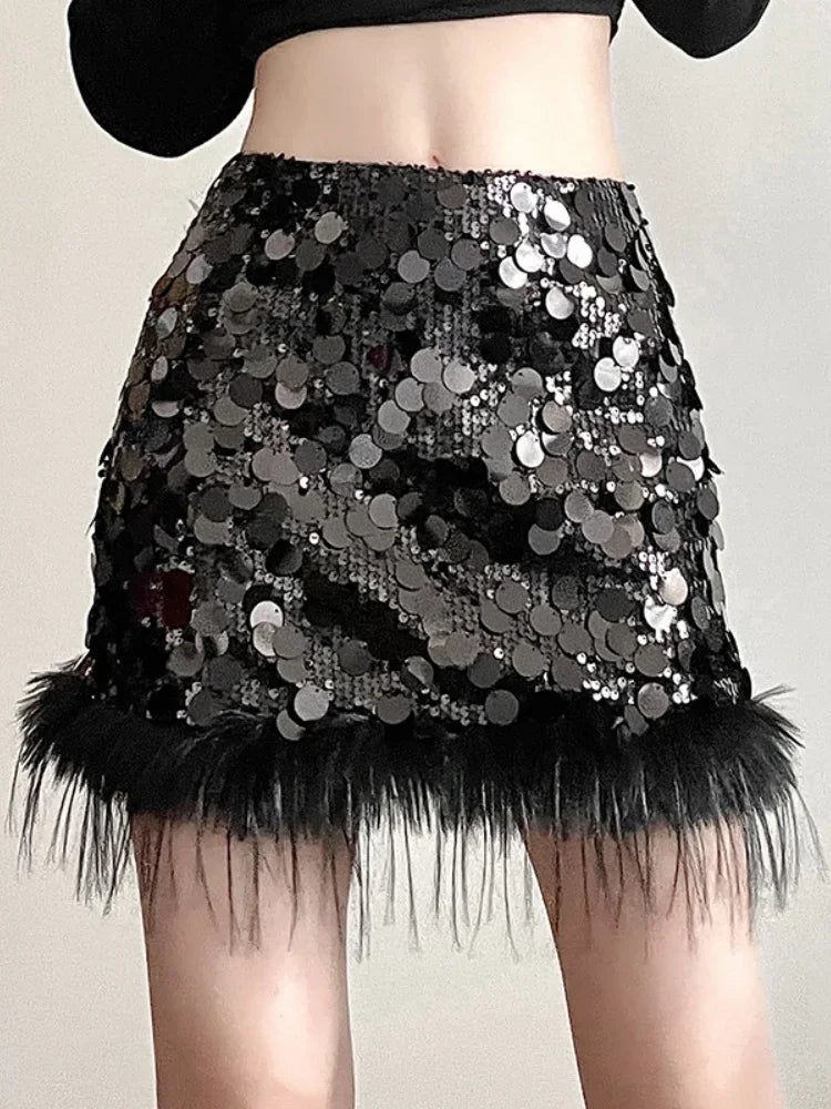 Sexy Mini Skirt Y2k Slim Women Clothing Feather Streetwear Sequined A-Line Faldones Para Mujer High Waist Casual Fashion Outfits