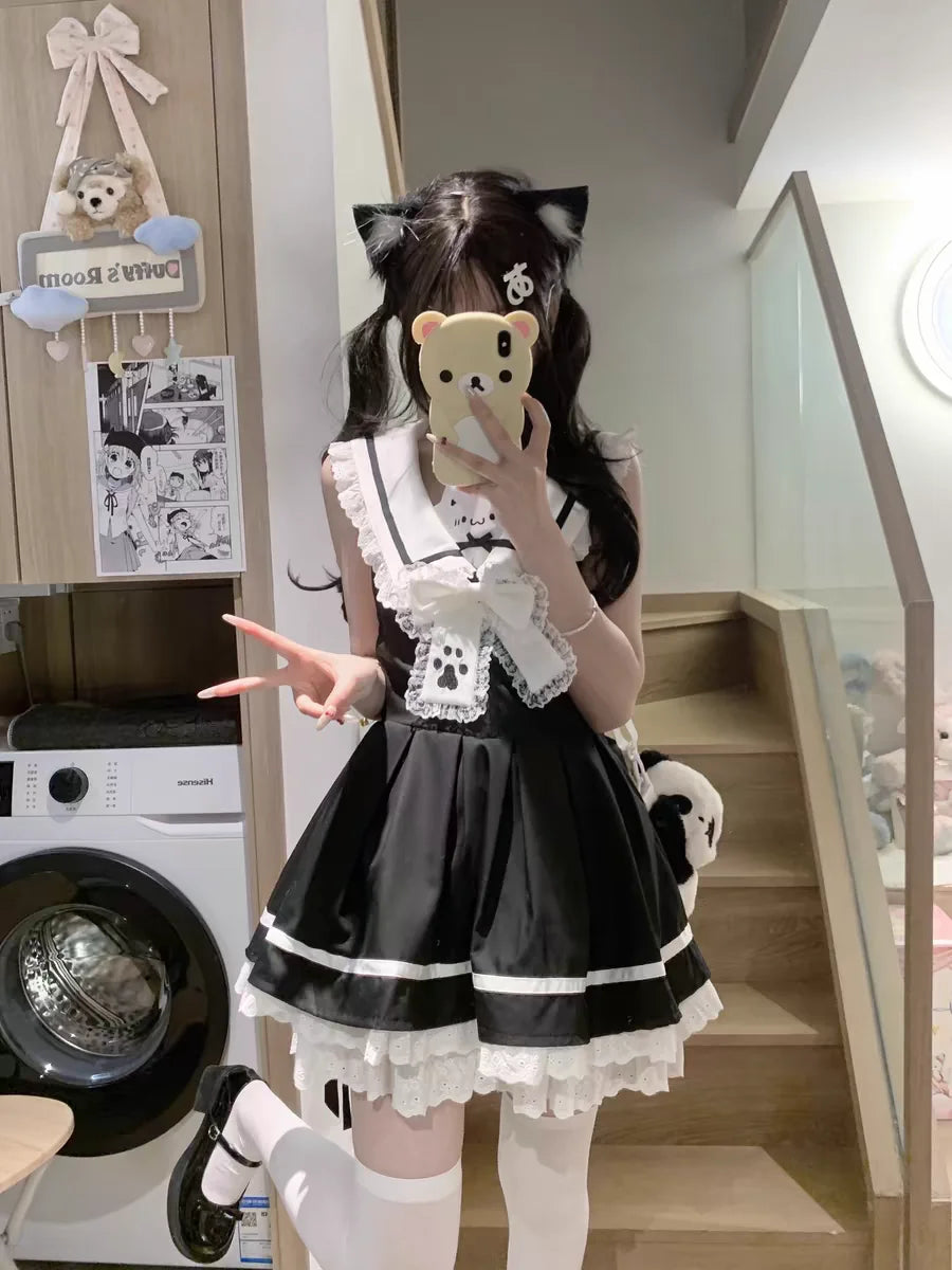Women Y2k Aesthetic Lolita Style Bow Dress Shorts Set Japanese Gothic Lace Flare Sleeve Button Shirt Dress Punk Party Mini Dress