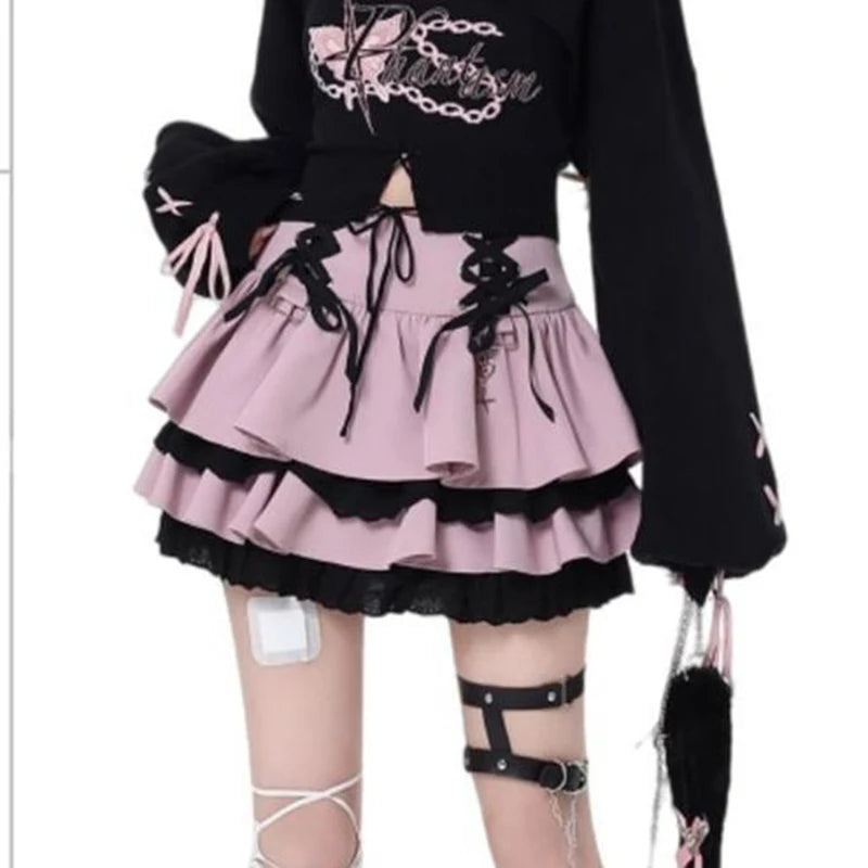 Y2K Subculture Women Skirt Korean Lace Up Hotsweet Streetwear Mini Skirts High Waist A Line Chic High Street Female Cake Skirts