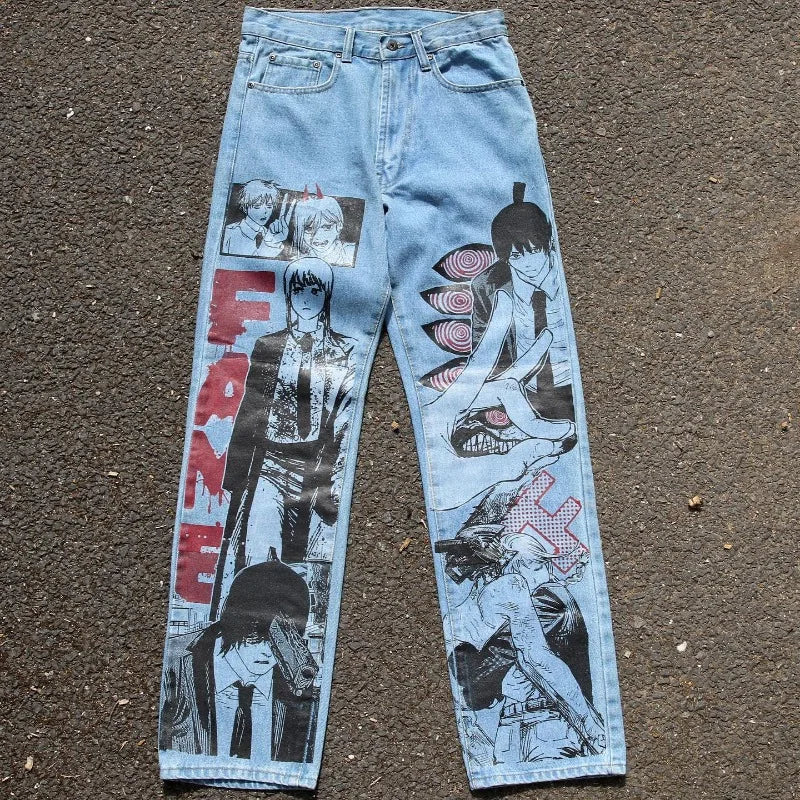 Y2k Anime Baggy Denim Trend Hand Drawn Printed Pattern New Men Women Pants Hip Hop Retro Harajuku Streetwear Unisex Casual Jeans