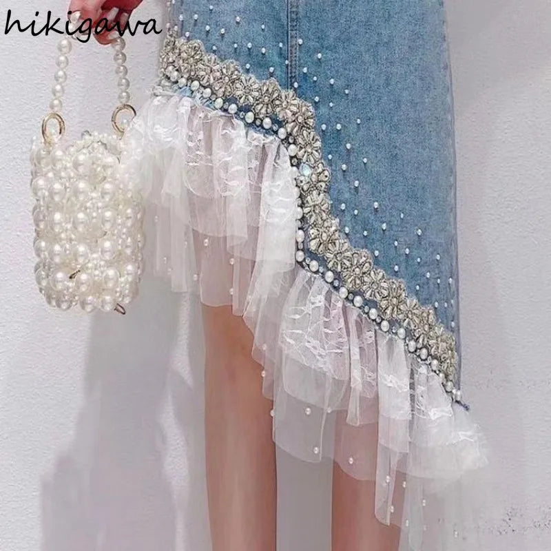 Denim Skirt Women Patchwork Lace Sweet Jupe 2025 Faldas Mujer De Moda Fashion Irregular Beading Summer Saia Bodycon Y2k Skirts